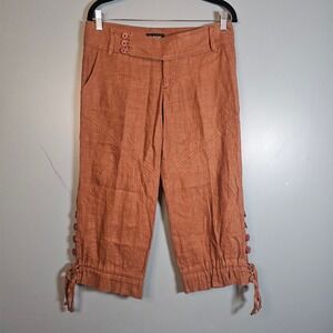Bebe 100% Linen Cropped Pants Brown Sesame Button Detail Drawstring Hem Size 4